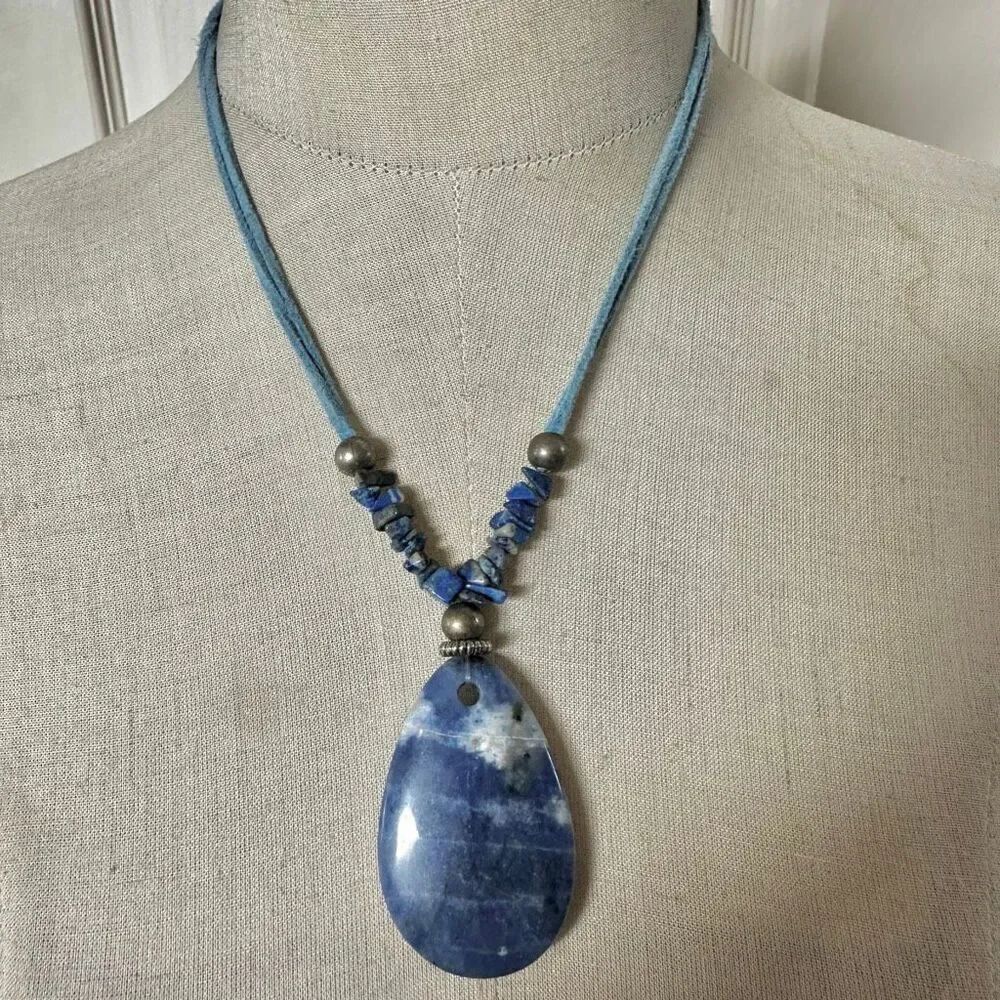 Artisan Blue Sodalite Pendant Necklace on Suede Cord
